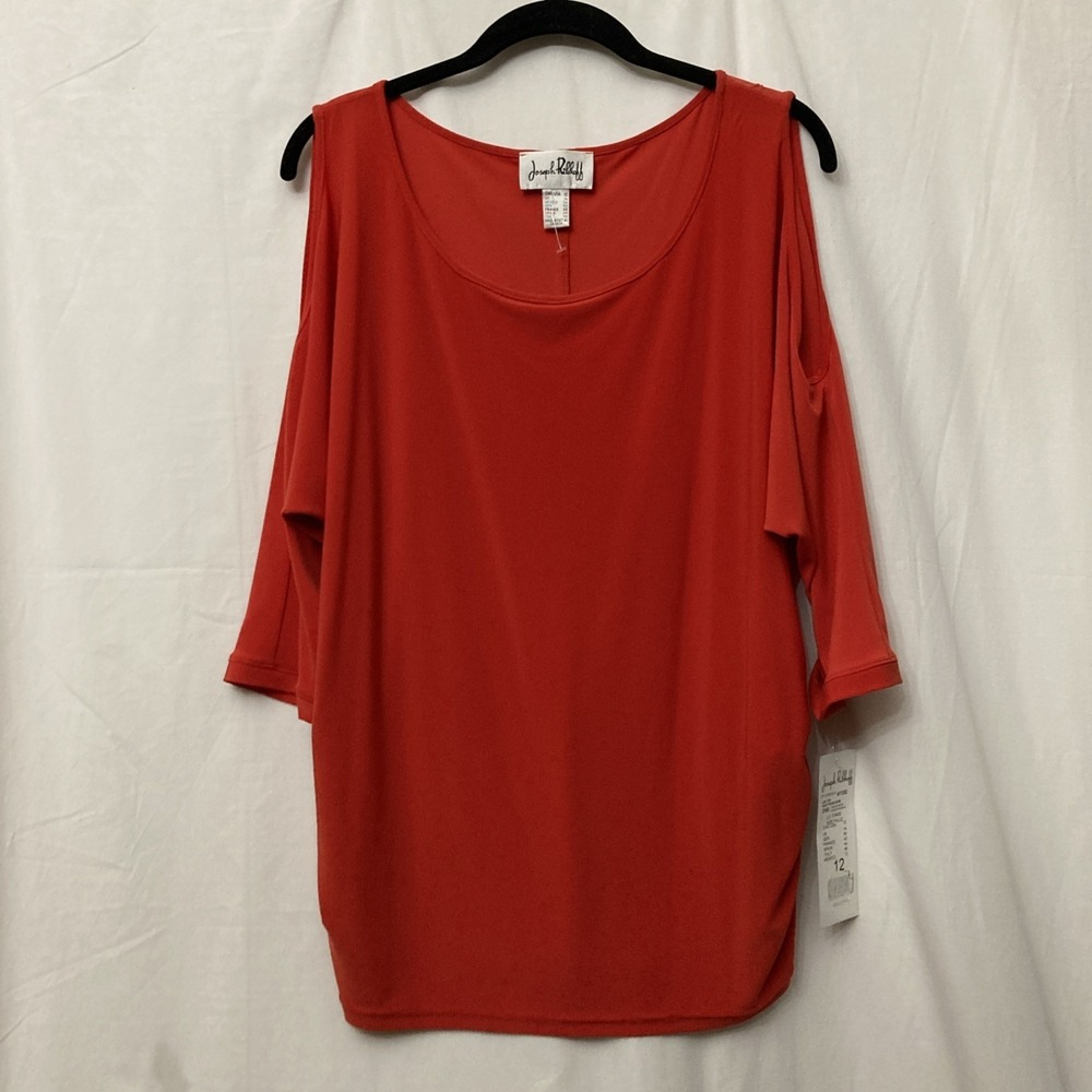 NWT Joseph Ribkoff Orange Red Cold Shoulder 3/4 Sleeve Top w/Side Rouche - SZ 12